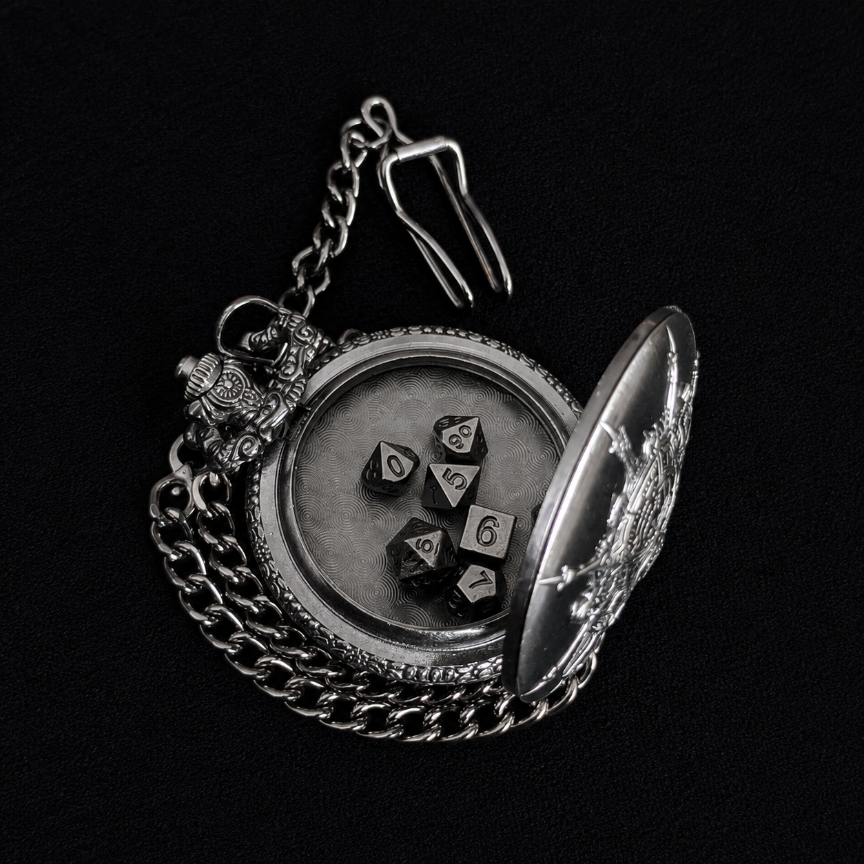 The Timekeeper — Skull Pocket Watch Dice Vault, Gunmetal