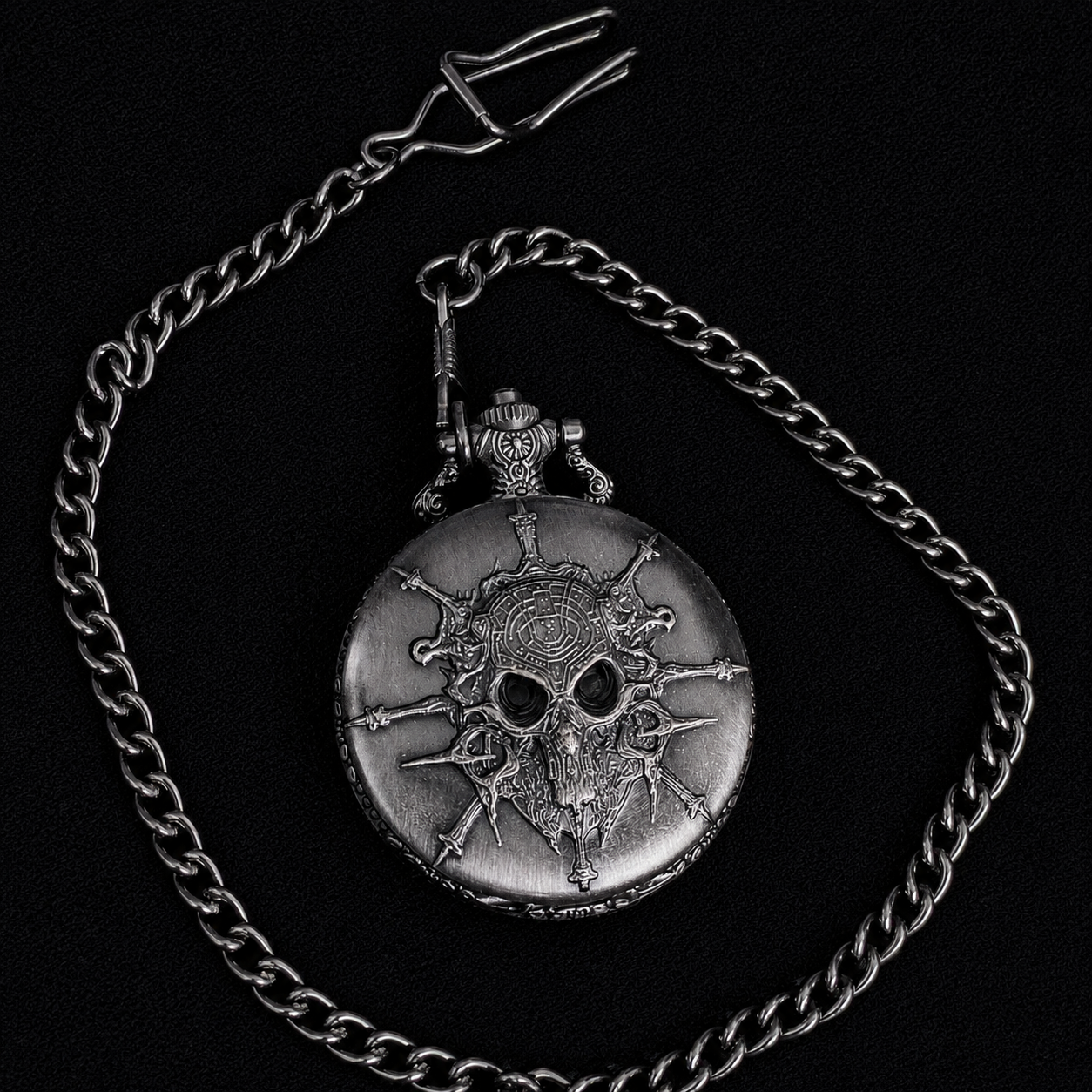 The Timekeeper — Skull Pocket Watch Dice Vault, Gunmetal