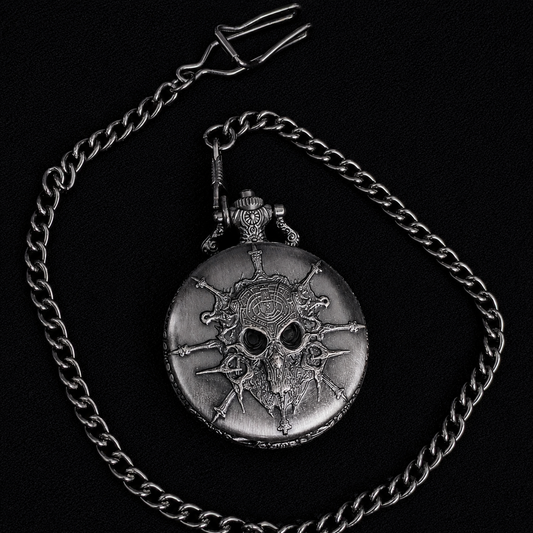The Timekeeper — Skull Pocket Watch Dice Vault, Gunmetal