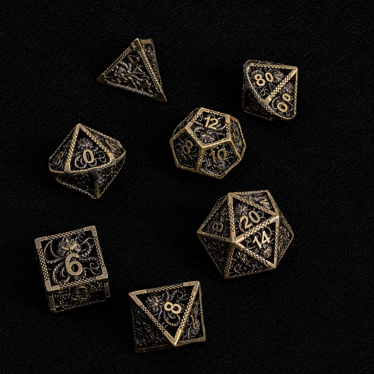 The Depths Set — Hollow Kraken Metal Dice, Antique Bronze